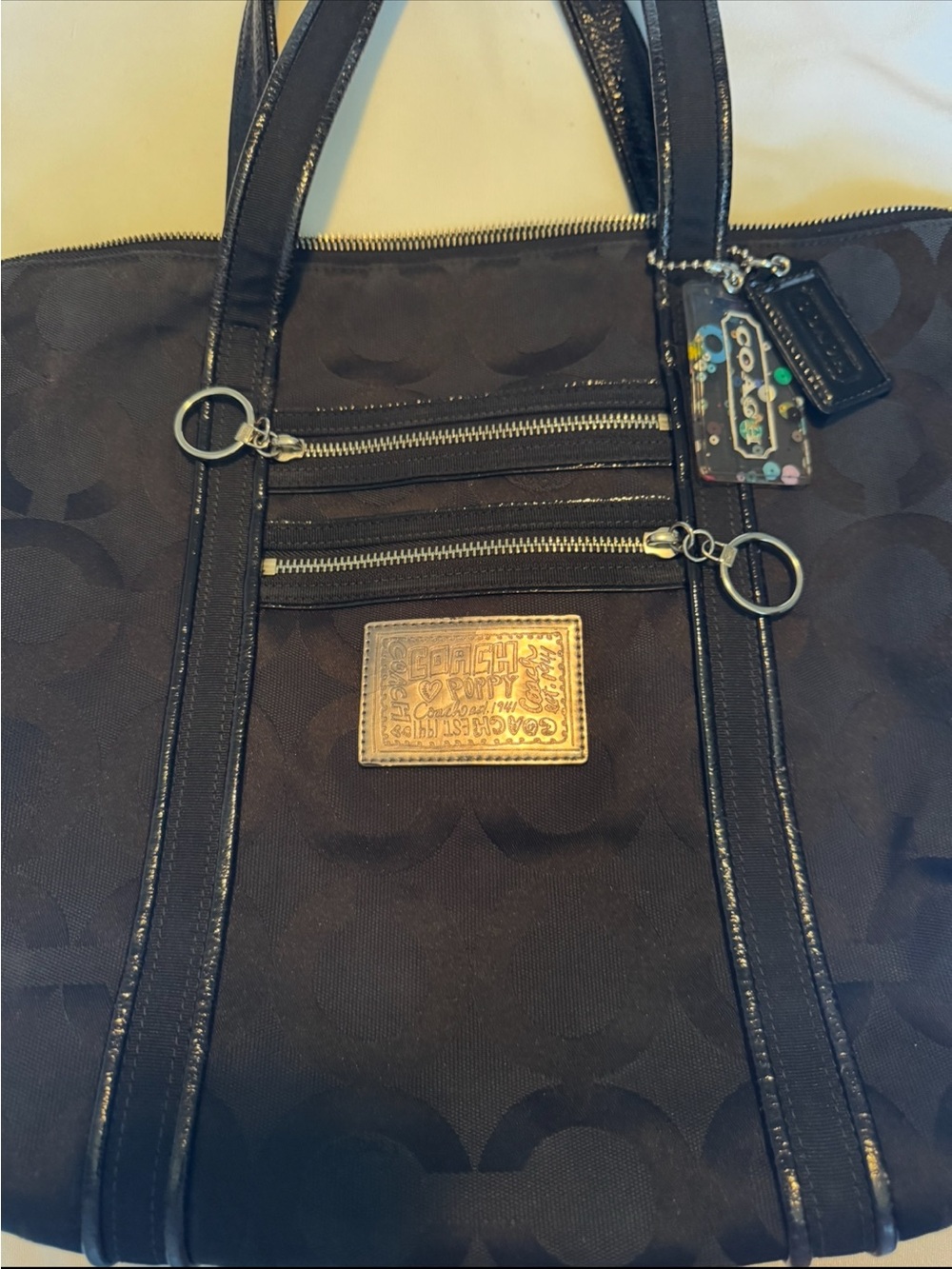 Coach Black Signature Poppy Canvas Tote with Silver Plaque